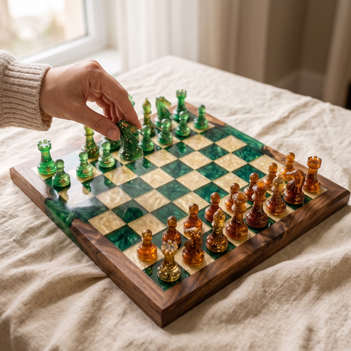 Handmade Forest Resin Chess Set with Board
