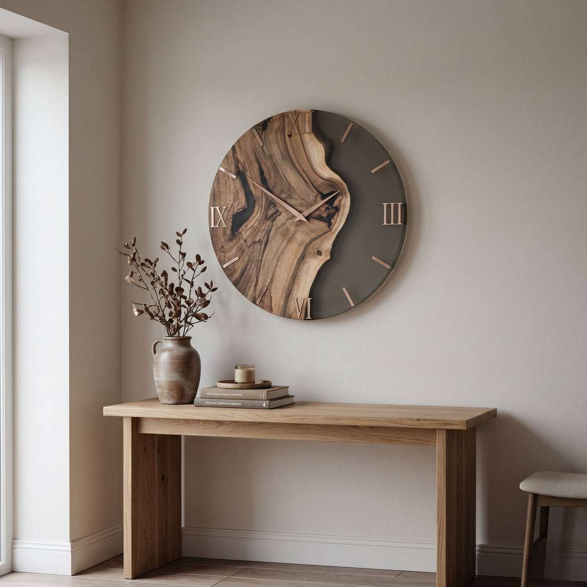 Handmade Live Edge Wooden Wall Clock with Epoxy Resin - Modern Decor