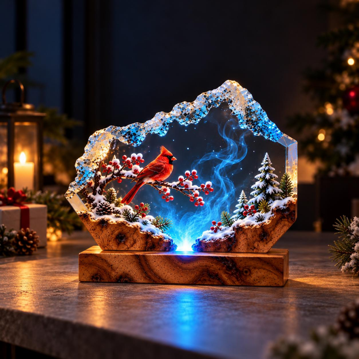 Snowy Woodland Cardinal Night Light - Handmade Resin Lamp