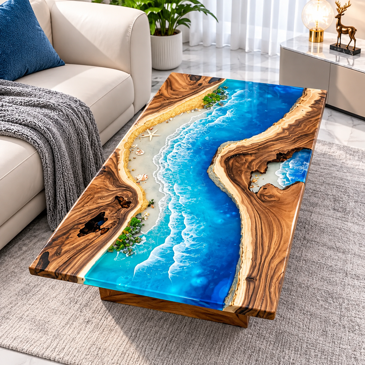 Handmade Luxury Ocean Epoxy Resin, Crystal Clear Beach Scene, Handmade Statement Furniture