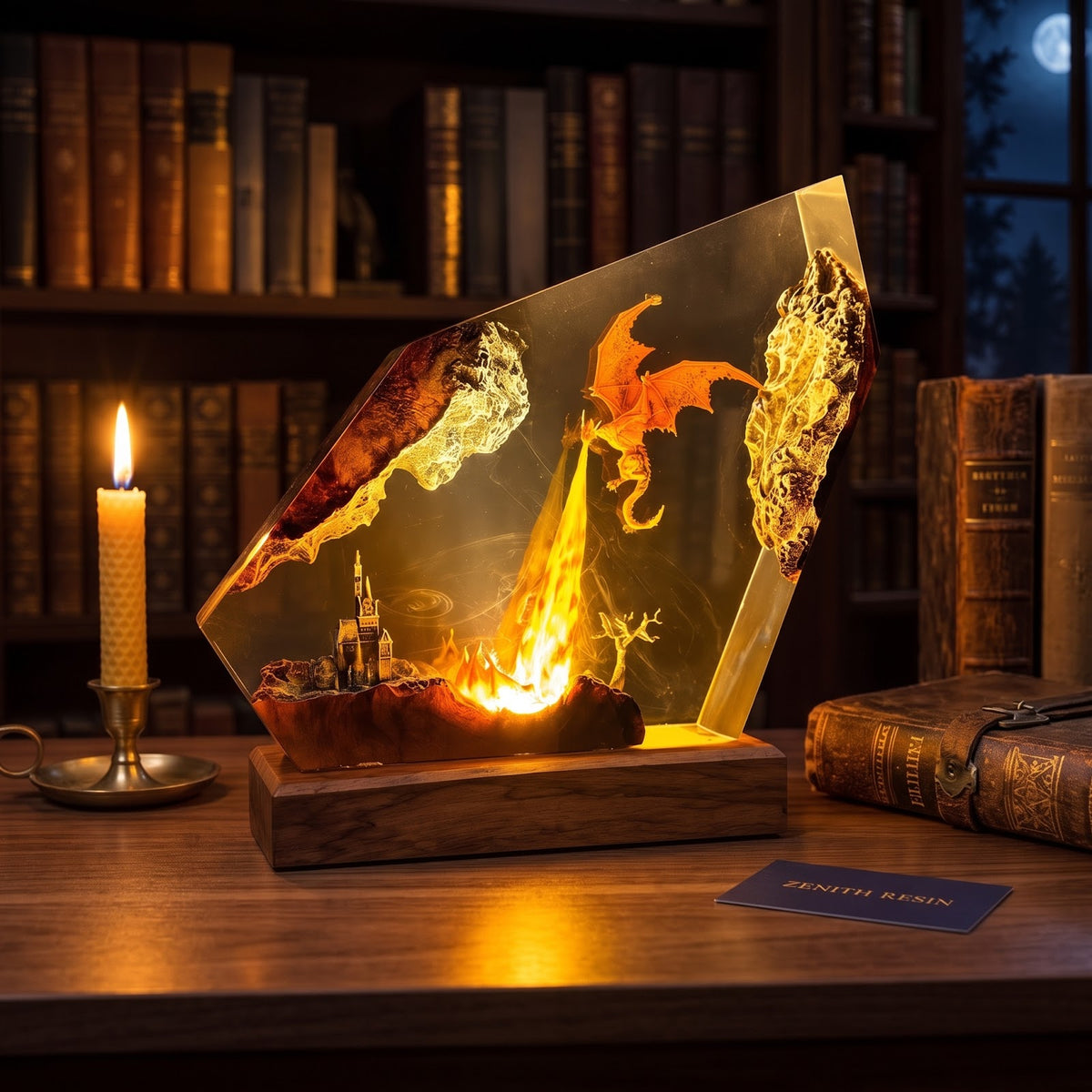 Fire Dragon Resin Lamp – Handmade Fantasy Castle LED Light