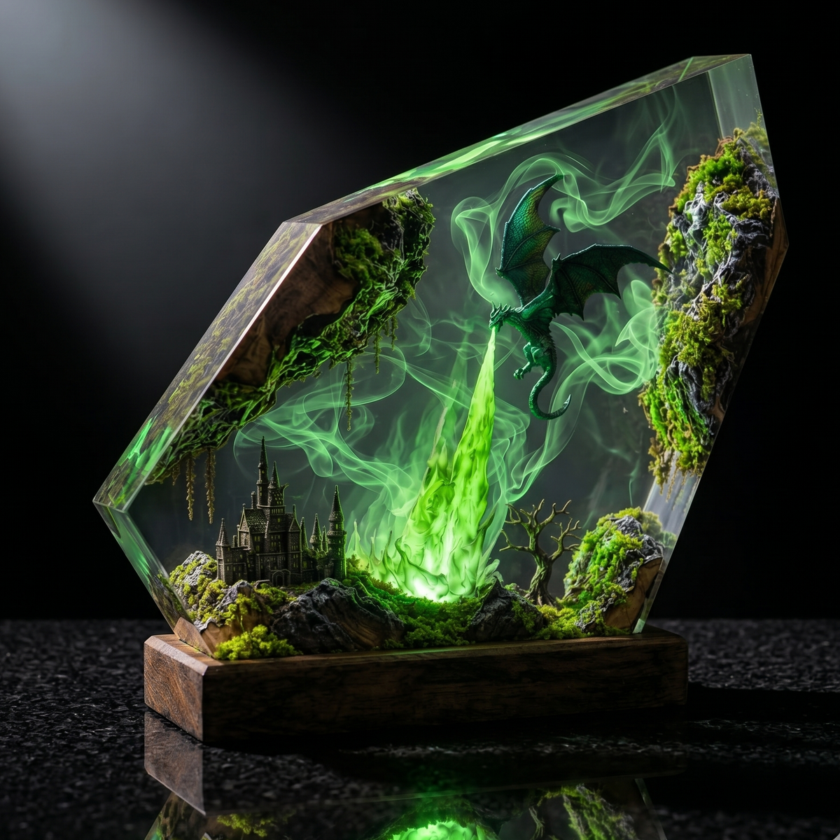 Emerald Dragon Resin Lamp with Color-Changing LED, Green Night Light