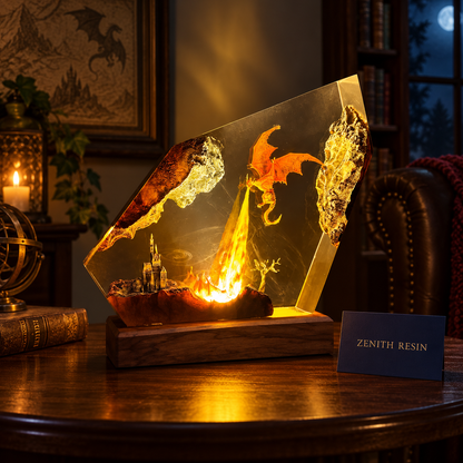 Fire Dragon Resin Lamp – Handmade Fantasy Castle LED Light