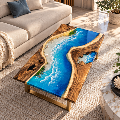 Handmade Luxury Ocean Epoxy Resin, Crystal Clear Beach Scene, Handmade Statement Furniture