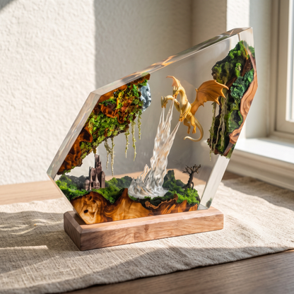 Handmade Three Headed Dragon Resin Lamp - Epoxy LED Fire Dragon Diorama with Natural Wood Base