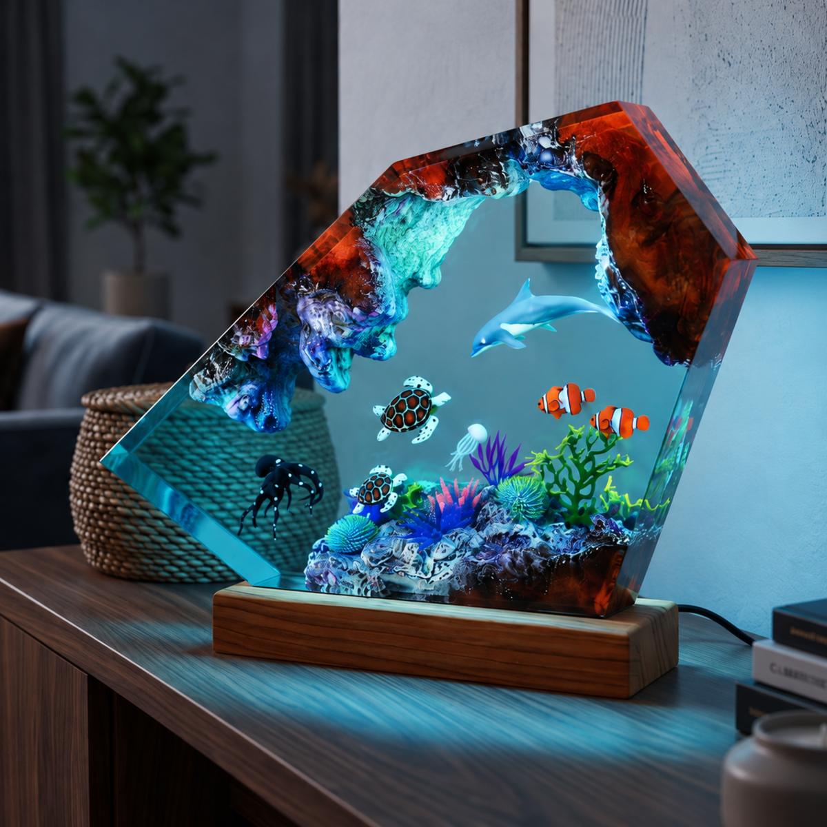 Ocean Resin Lamp Dolphin, Sea Turtle and Octopus