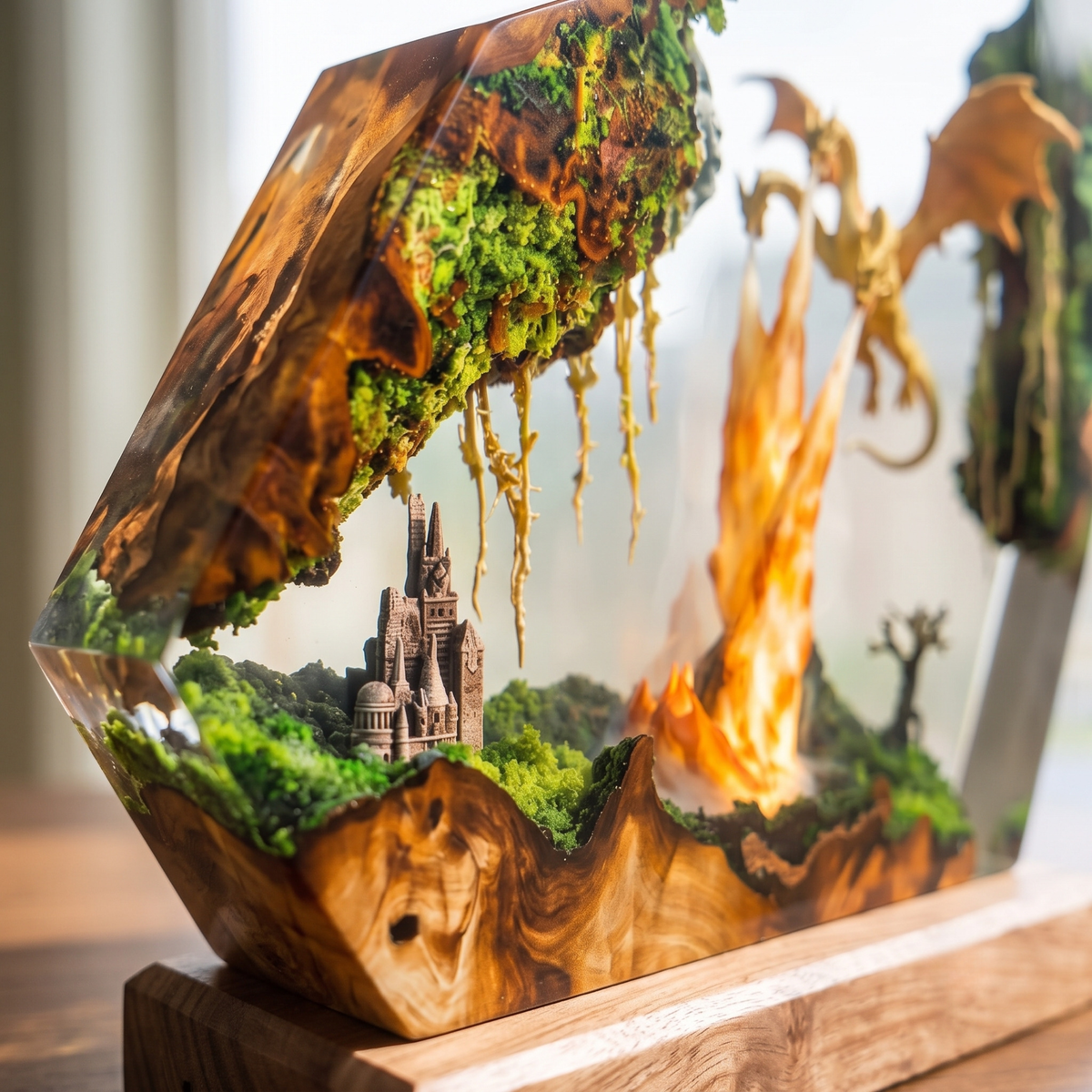 Handmade Three Headed Dragon Resin Lamp - Epoxy LED Fire Dragon Diorama with Natural Wood Base