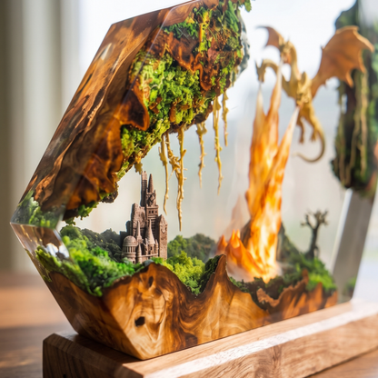 Handmade Three Headed Dragon Resin Lamp - Epoxy LED Fire Dragon Diorama with Natural Wood Base