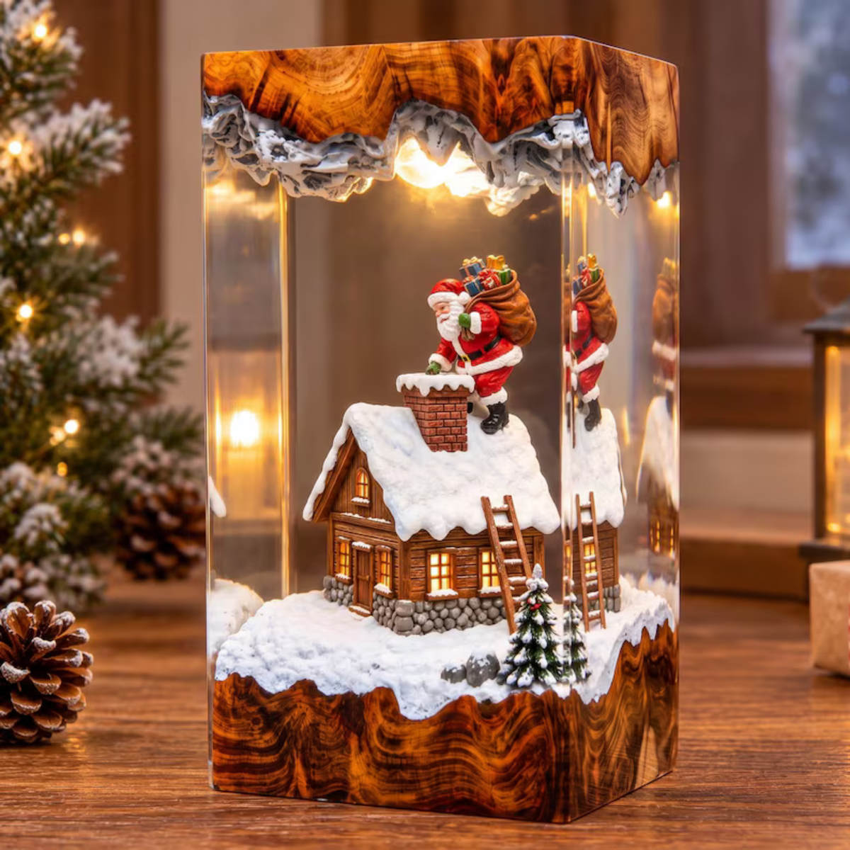 Santa Claus Chimney Climbing Winter House Night Light - Winter Snow Resin Lamp