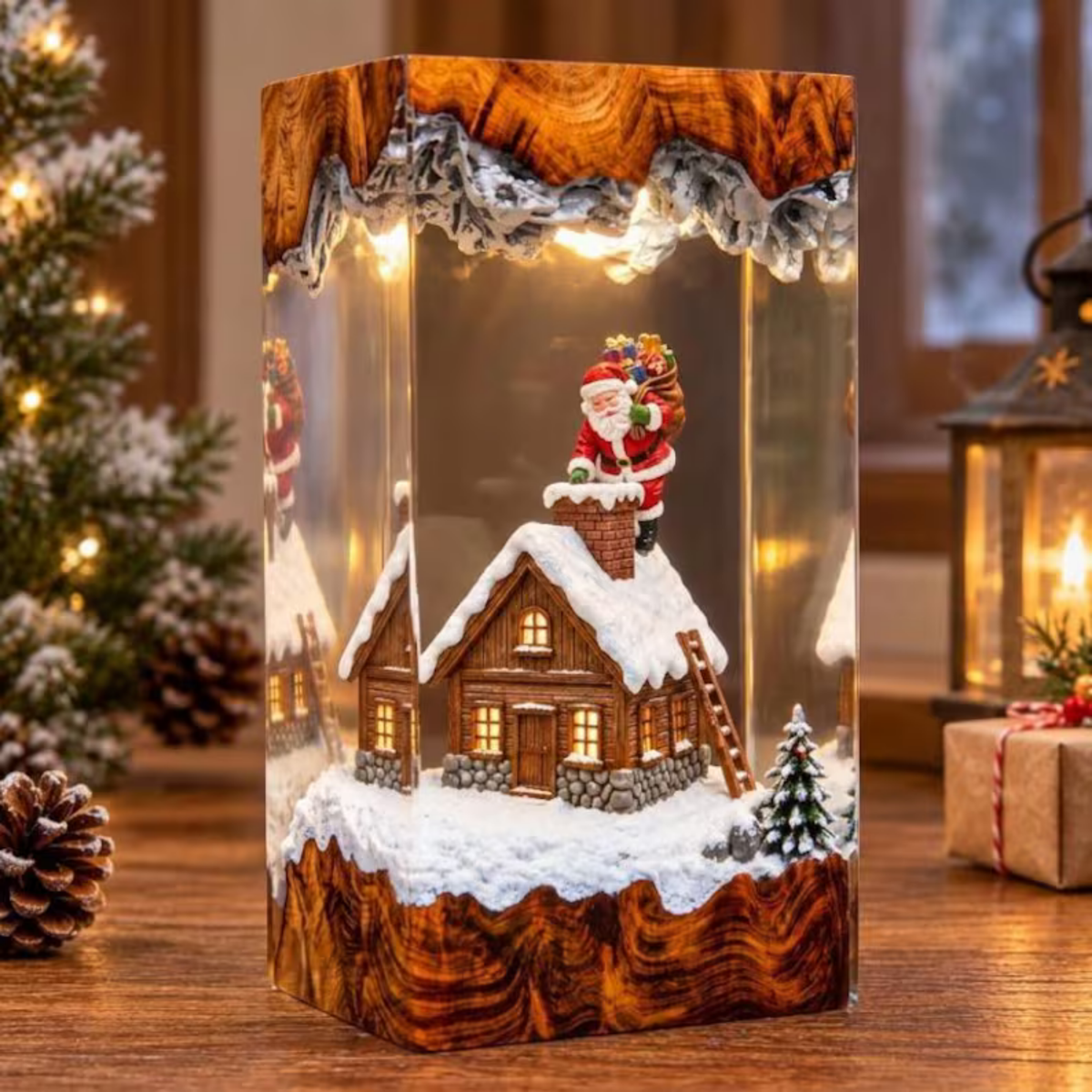 Santa Claus Chimney Climbing Winter House Night Light - Winter Snow Resin Lamp