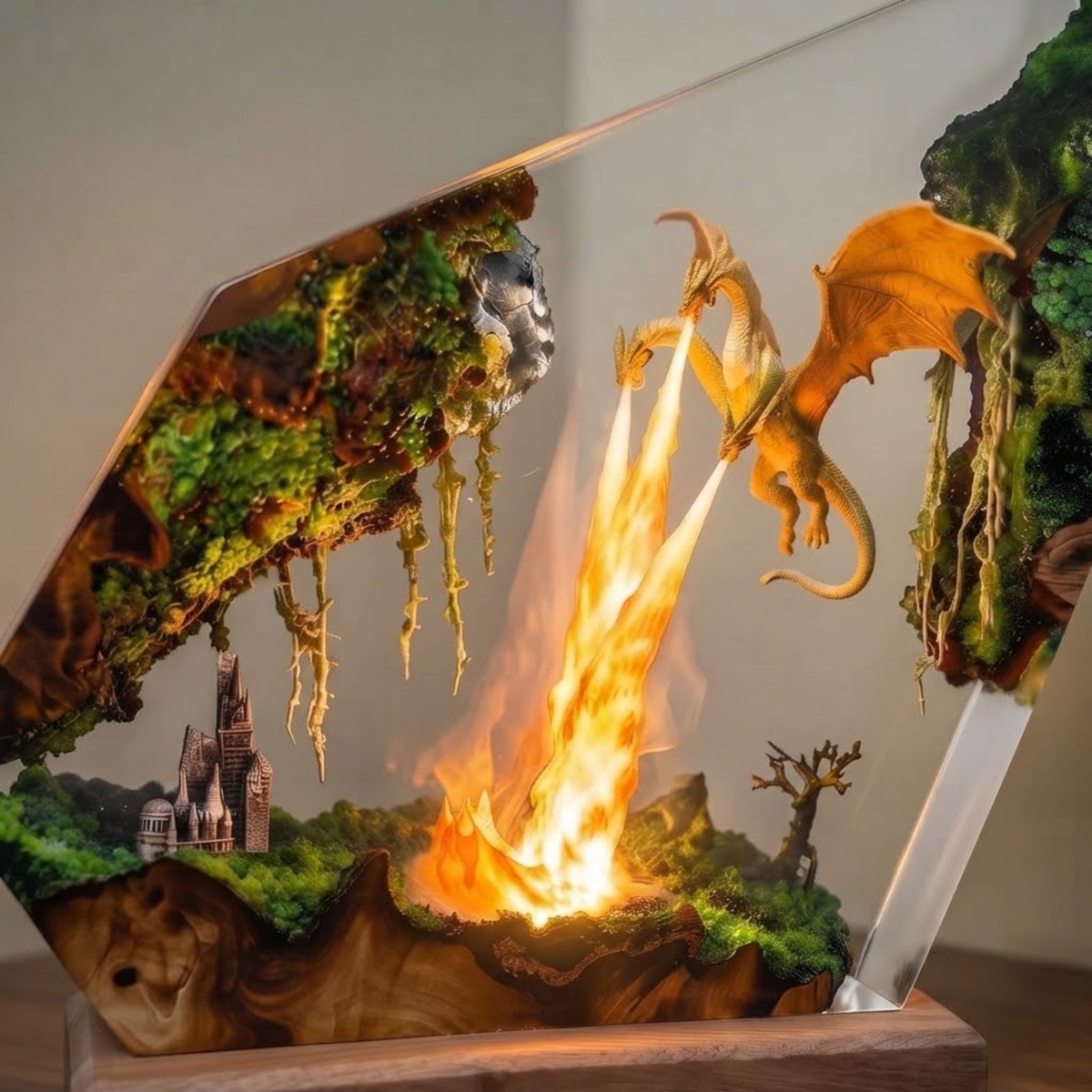 Handmade Three Headed Dragon Resin Lamp - Epoxy LED Fire Dragon Diorama with Natural Wood Base