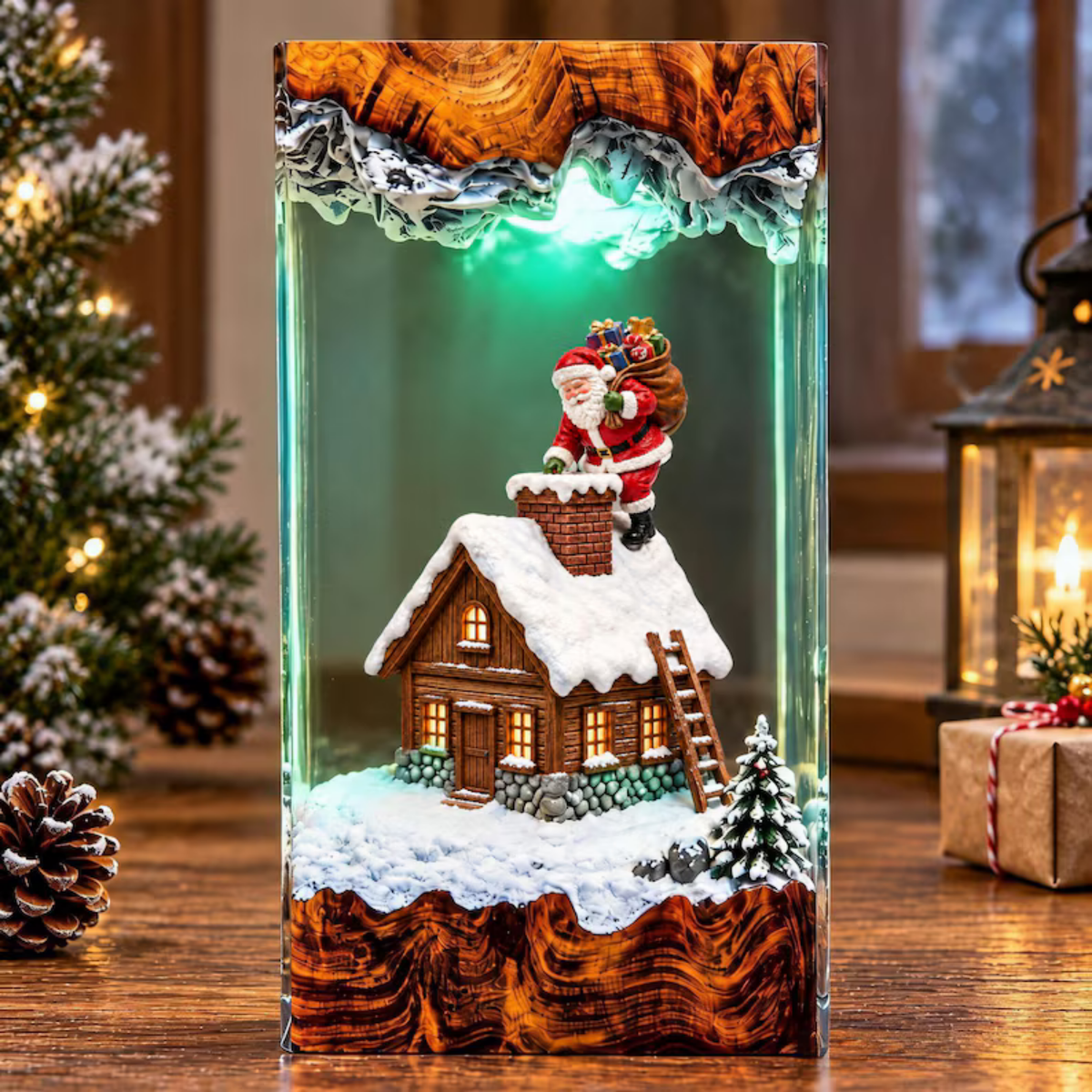 Santa Claus Chimney Climbing Winter House Night Light - Winter Snow Resin Lamp