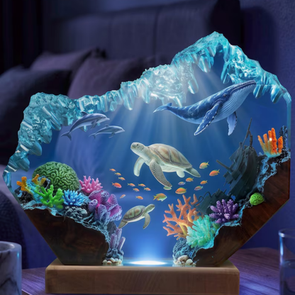 Blue Whale, Dolphin and Sea Turtle Resin Lamp - Epoxy Resin Ocean Night Light