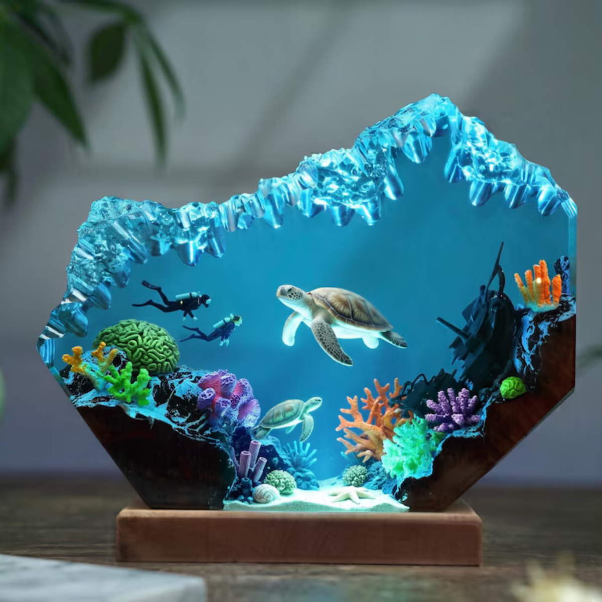 Blue Whale, Dolphin and Sea Turtle Resin Lamp - Epoxy Resin Ocean Night Light