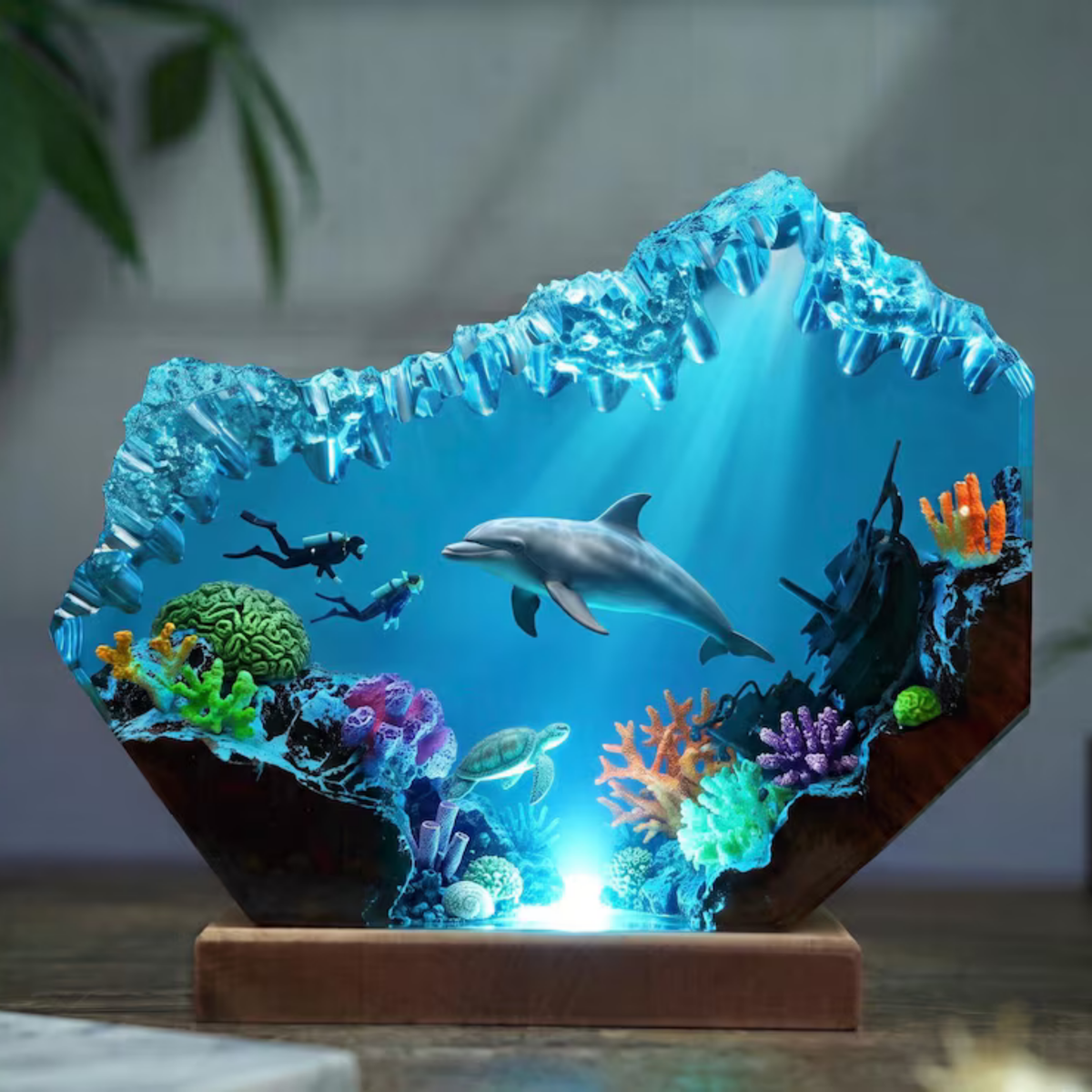 Blue Whale, Dolphin and Sea Turtle Resin Lamp - Epoxy Resin Ocean Night Light