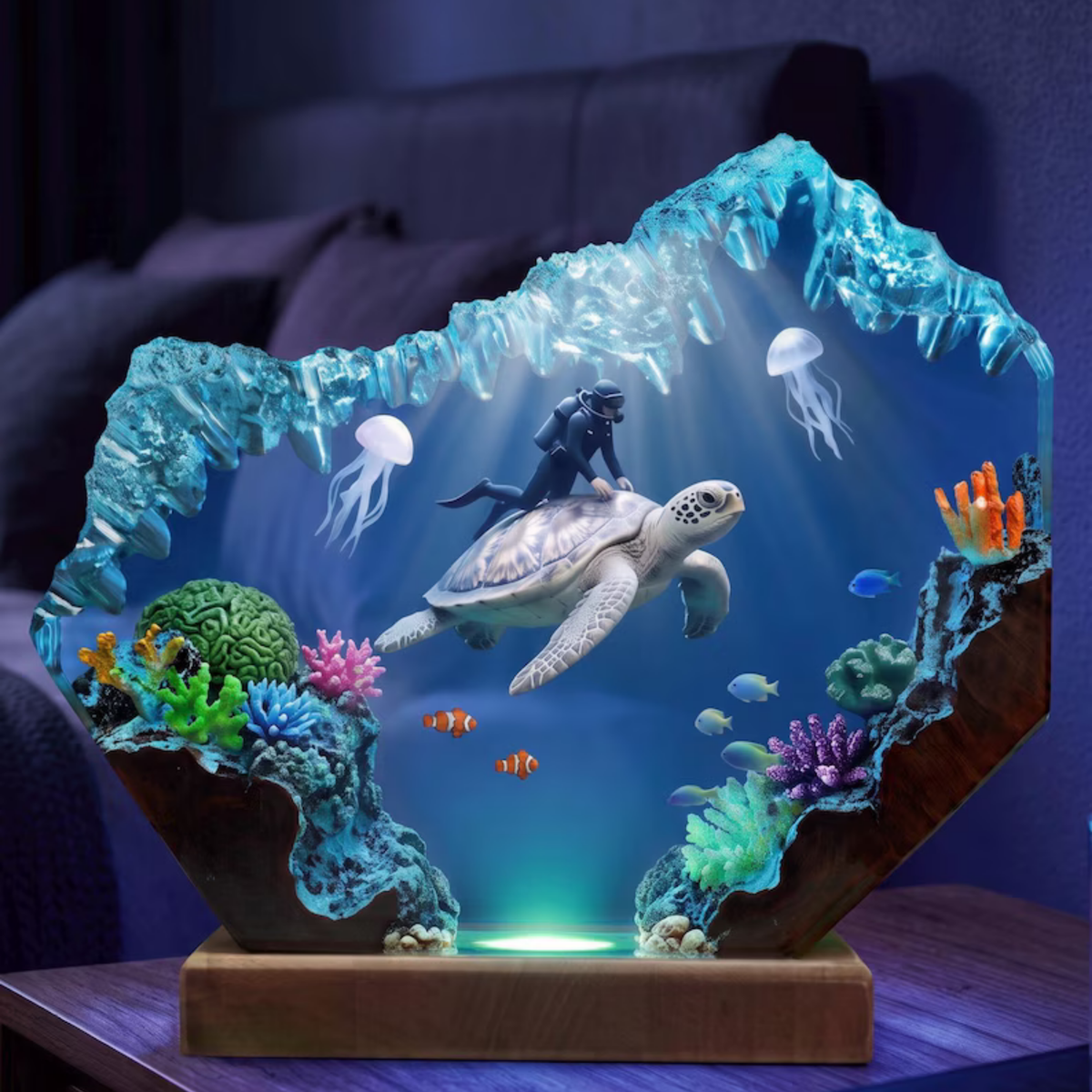 Blue Whale, Dolphin and Sea Turtle Resin Lamp - Epoxy Resin Ocean Night Light