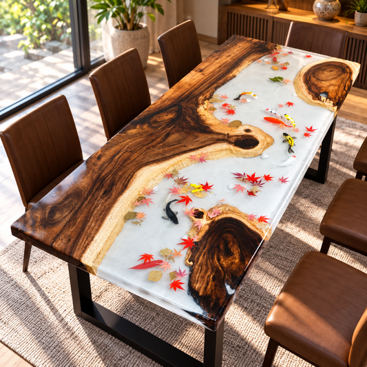 Handmade Luxury Koi Fish Epoxy Table – Resin River Dining Table – Custom Wood Furniture