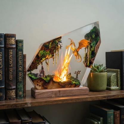 Handmade Three Headed Dragon Resin Lamp - Epoxy LED Fire Dragon Diorama with Natural Wood Base