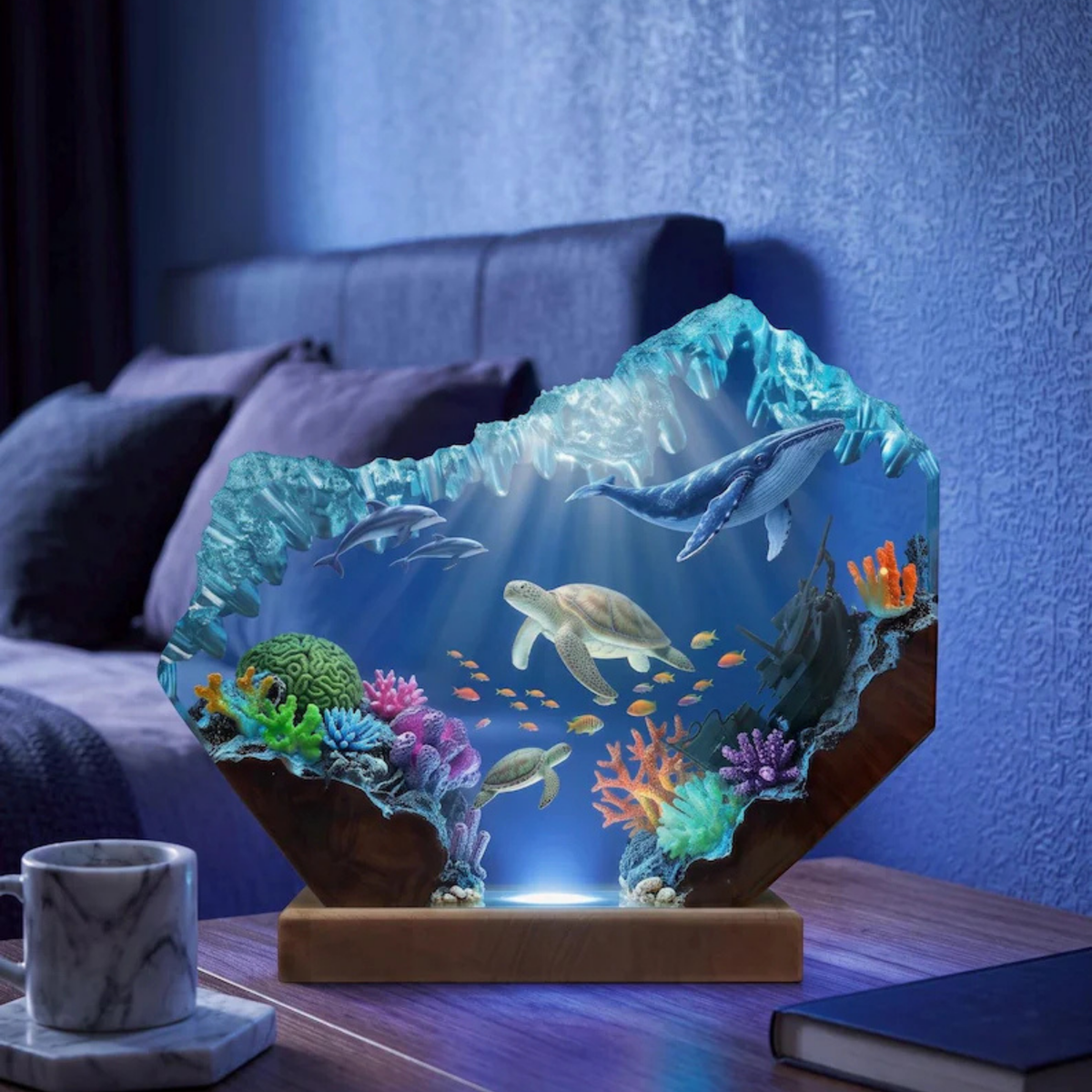 Blue Whale, Dolphin and Sea Turtle Resin Lamp - Epoxy Resin Ocean Night Light