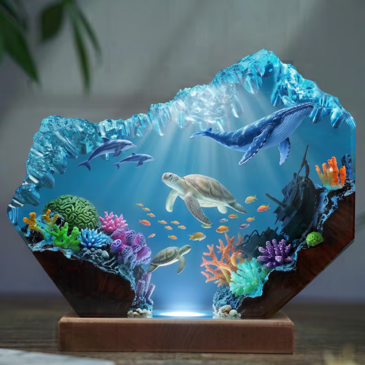 Blue Whale, Dolphin and Sea Turtle Resin Lamp - Epoxy Resin Ocean Night Light