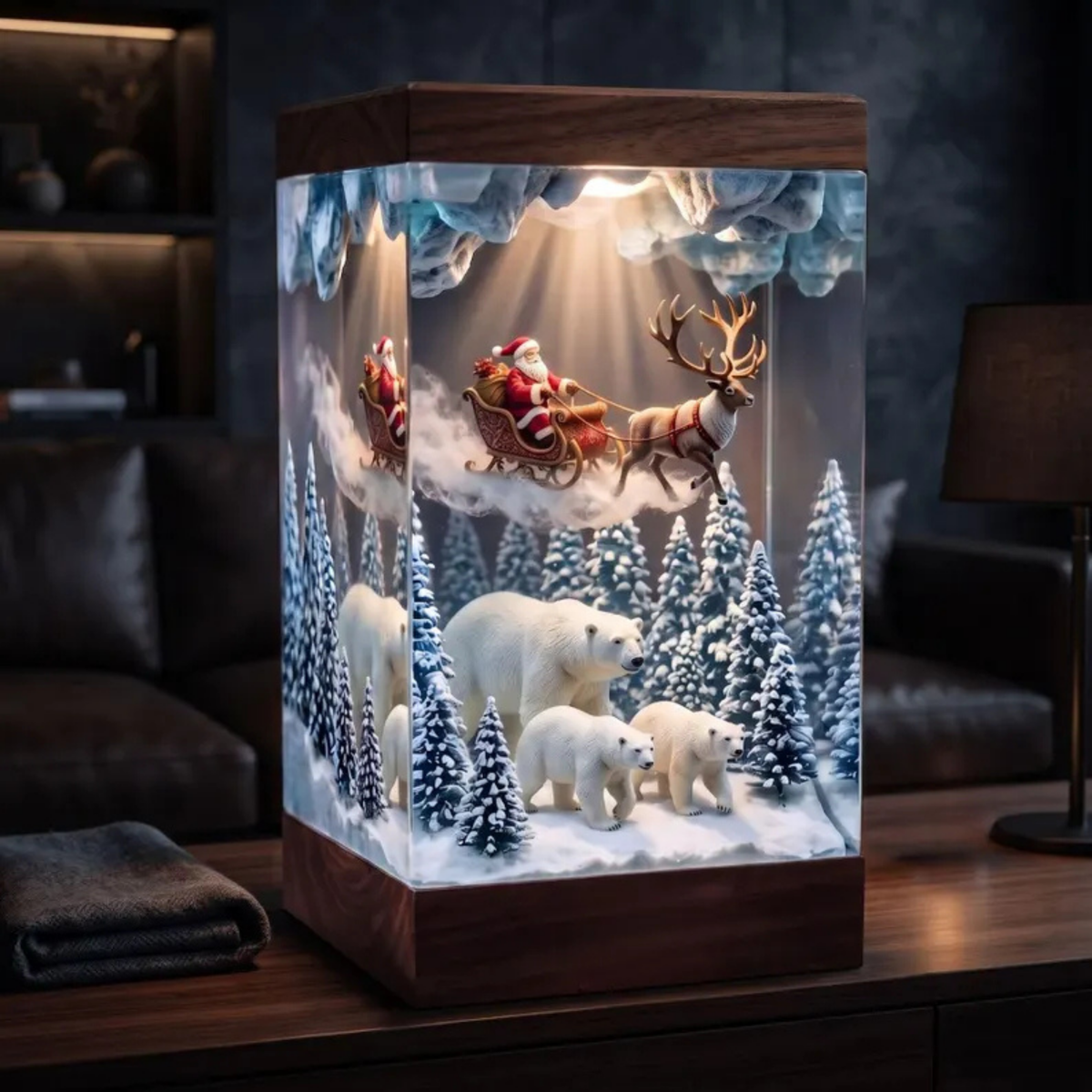 Santa Sleigh and Polar Bear Winter Forest Night Light - Christmas Epoxy Diorama Decor