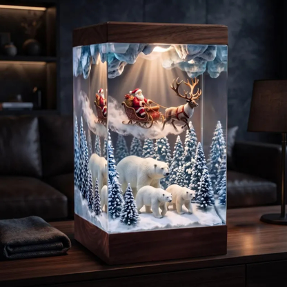 Santa Sleigh and Polar Bear Winter Forest Night Light - Christmas Epoxy Diorama Decor