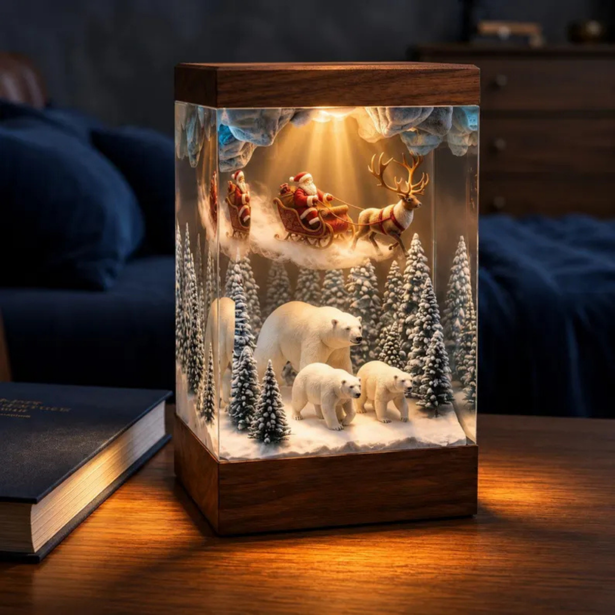 Santa Sleigh and Polar Bear Winter Forest Night Light - Christmas Epoxy Diorama Decor