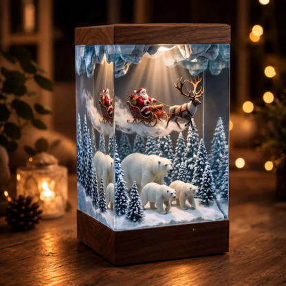Santa Sleigh and Polar Bear Winter Forest Night Light - Christmas Epoxy Diorama Decor