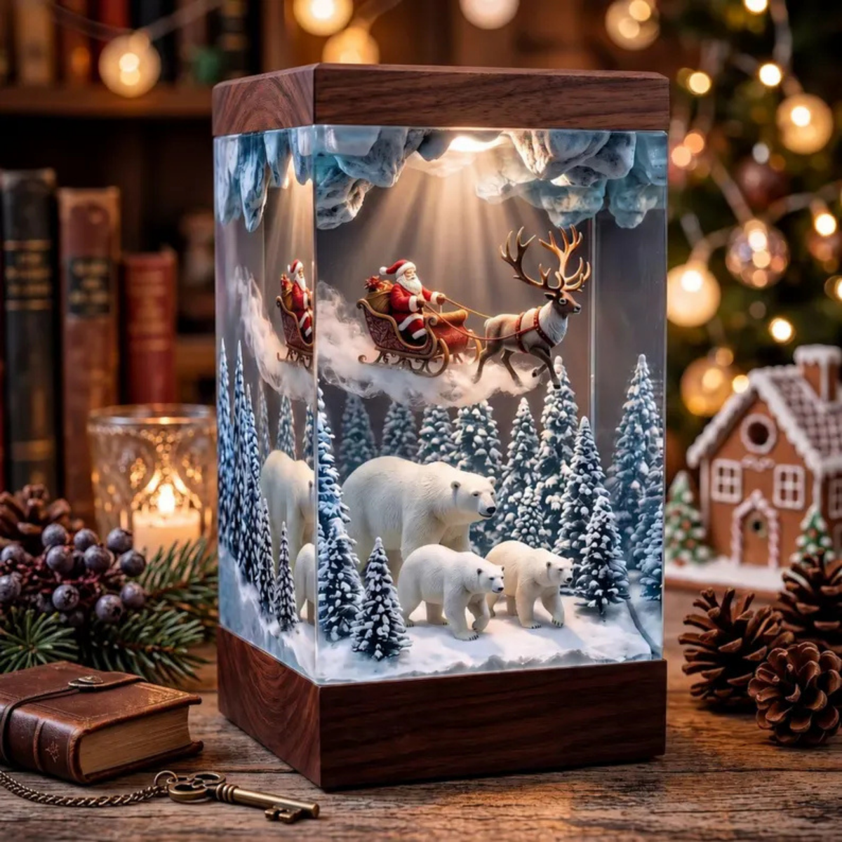 Santa Sleigh and Polar Bear Winter Forest Night Light - Christmas Epoxy Diorama Decor