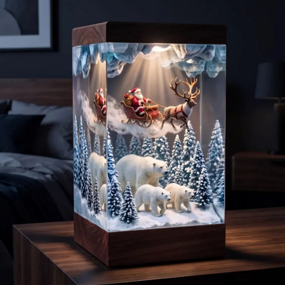 Santa Sleigh and Polar Bear Winter Forest Night Light - Christmas Epoxy Diorama Decor