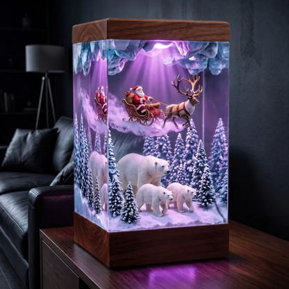Santa Sleigh and Polar Bear Winter Forest Night Light - Christmas Epoxy Diorama Decor