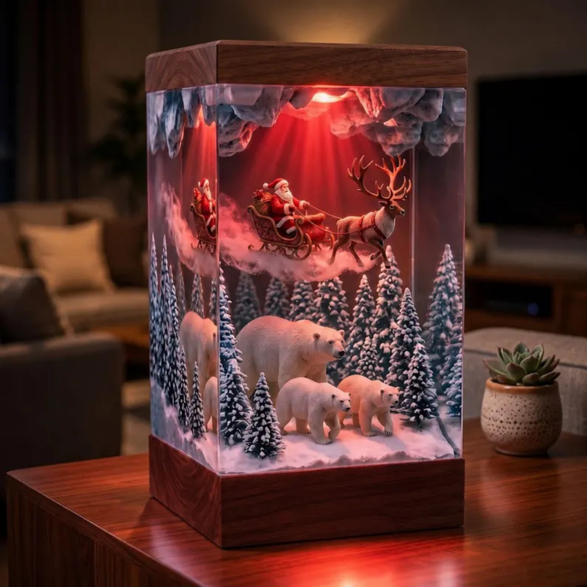 Santa Sleigh and Polar Bear Winter Forest Night Light - Christmas Epoxy Diorama Decor