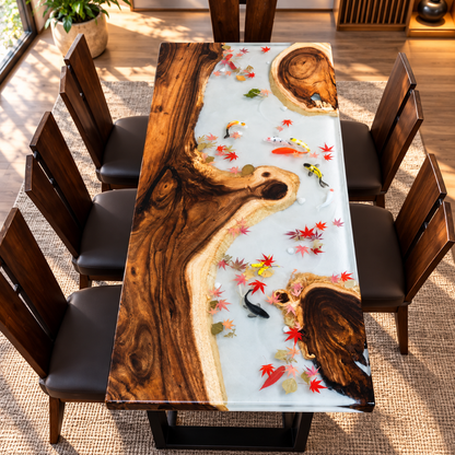 Handmade Luxury Koi Fish Epoxy Table – Resin River Dining Table – Custom Wood Furniture