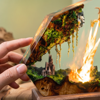 Handmade Three Headed Dragon Resin Lamp - Epoxy LED Fire Dragon Diorama with Natural Wood Base