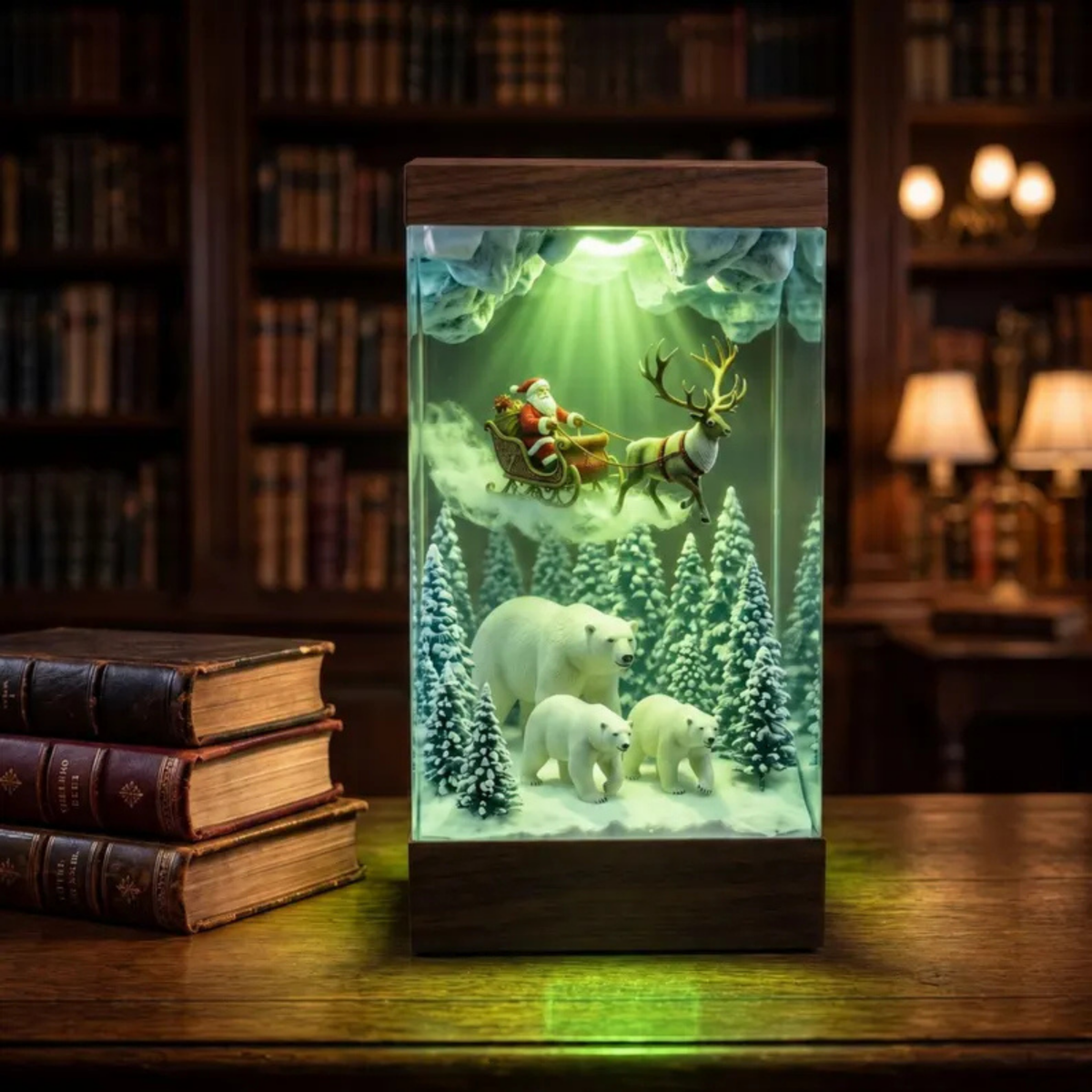Santa Sleigh and Polar Bear Winter Forest Night Light - Christmas Epoxy Diorama Decor