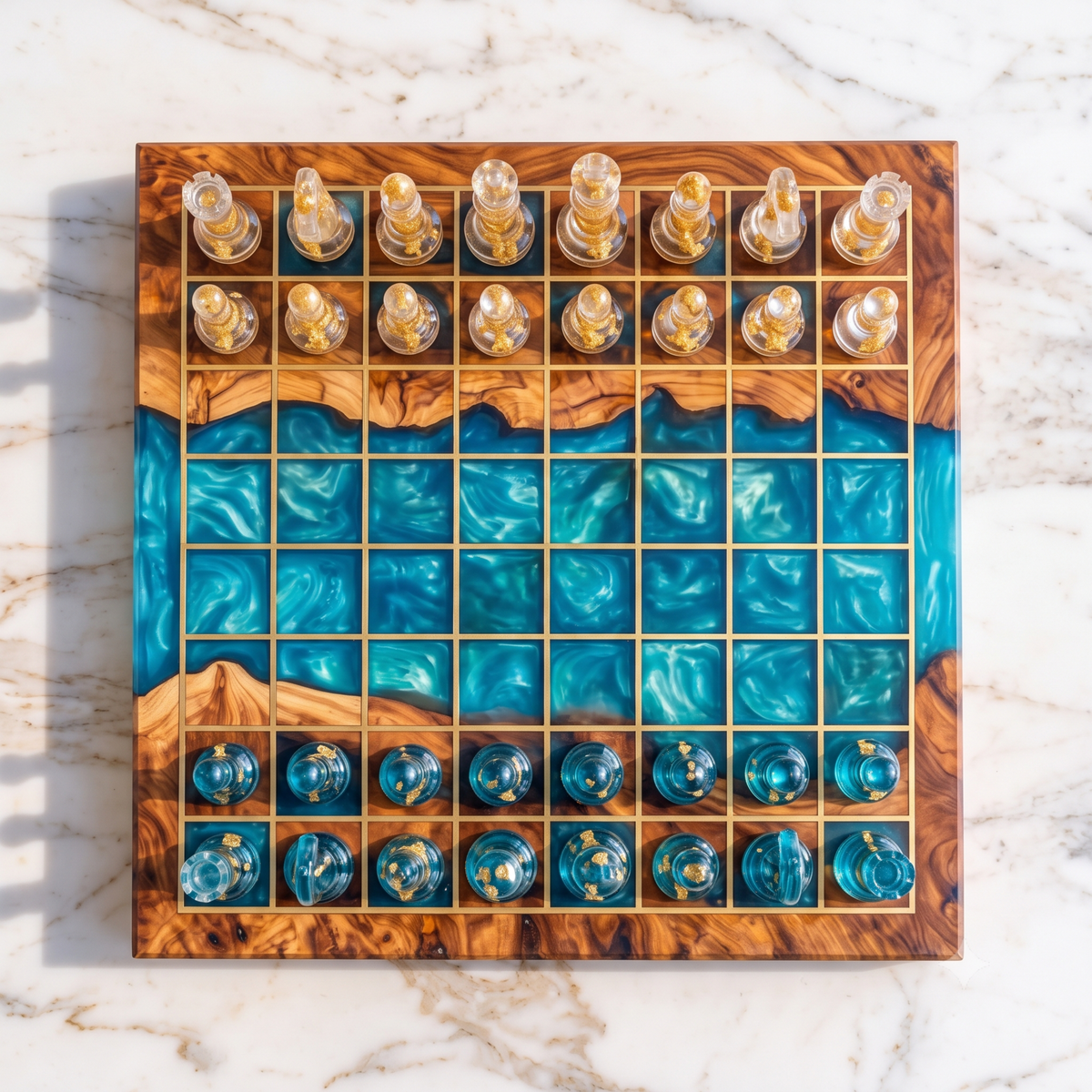 Handmade Ocean Resin Chess Set with Board - Christmas Gift for Him