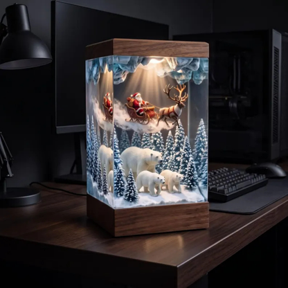 Santa Sleigh and Polar Bear Winter Forest Night Light - Christmas Epoxy Diorama Decor