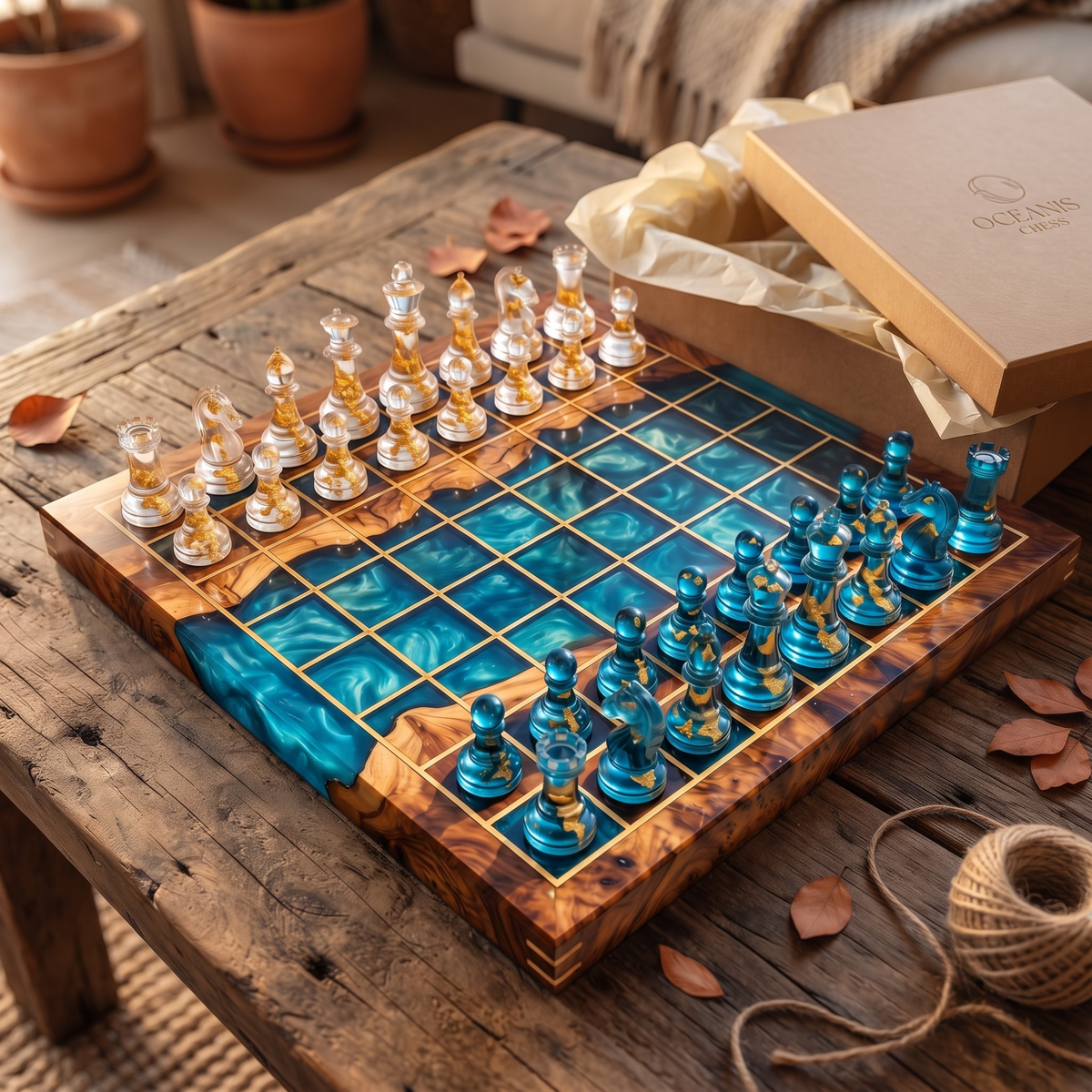 Handmade Ocean Resin Chess Set with Board - Christmas Gift for Him