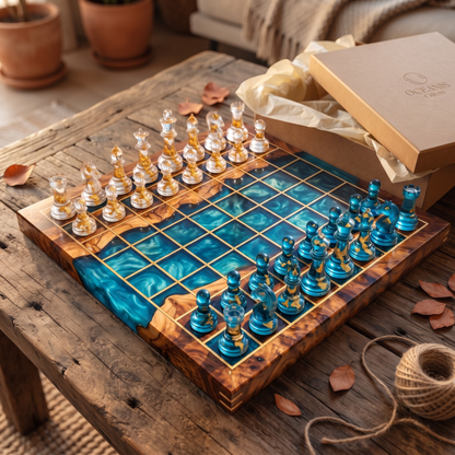 Handmade Ocean Resin Chess Set with Board - Christmas Gift for Him