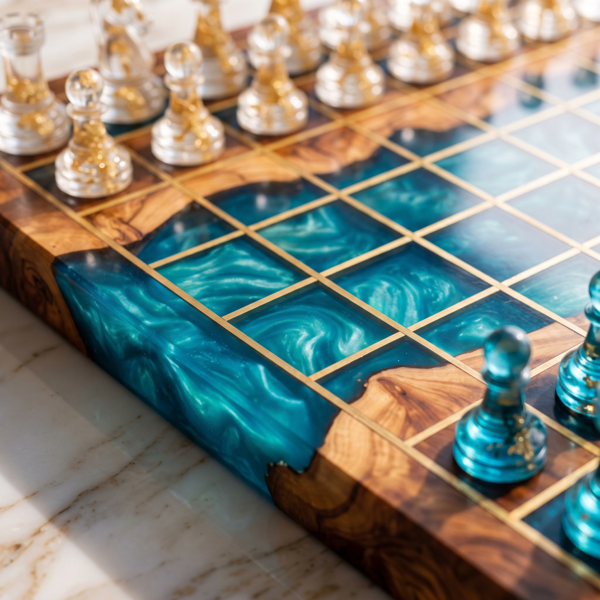 Handmade Ocean Resin Chess Set with Board - Christmas Gift for Him