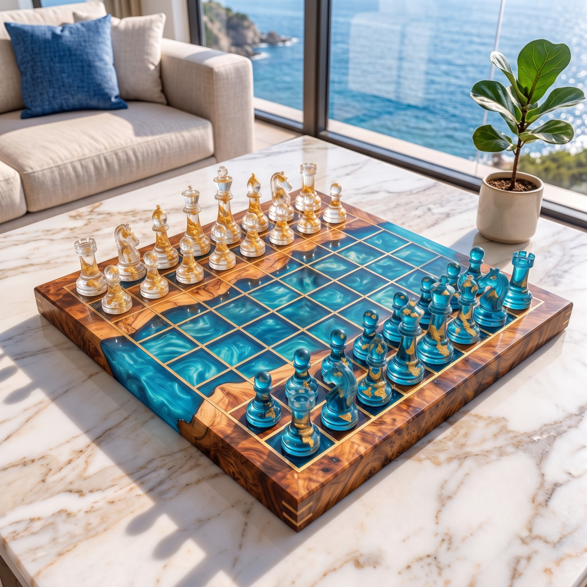 Handmade Ocean Resin Chess Set with Board - Christmas Gift for Him