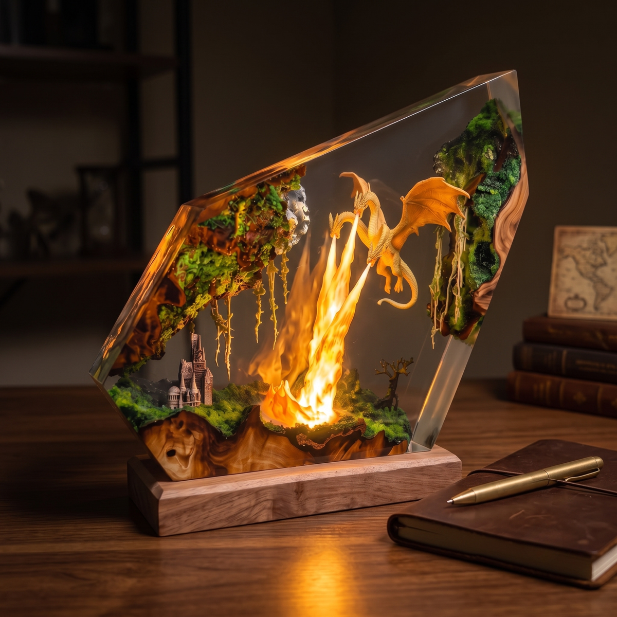 Handmade Three Headed Dragon Resin Lamp - Epoxy LED Fire Dragon Diorama with Natural Wood Base