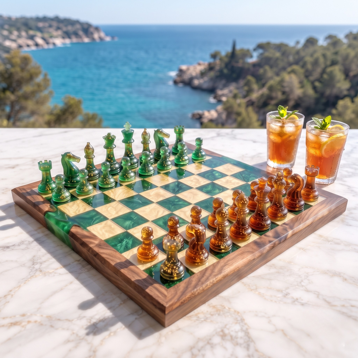 Handmade Forest Resin Chess Set with Board