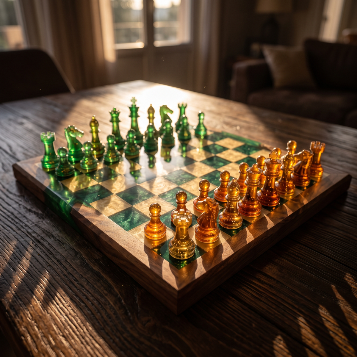 Handmade Forest Resin Chess Set with Board