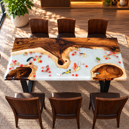 Handmade Luxury Koi Fish Epoxy Table – Resin River Dining Table – Custom Wood Furniture