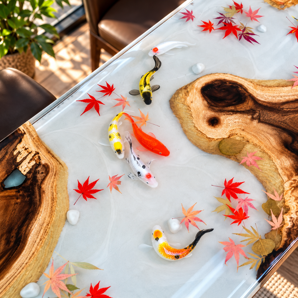 Handmade Luxury Koi Fish Epoxy Table – Resin River Dining Table – Custom Wood Furniture