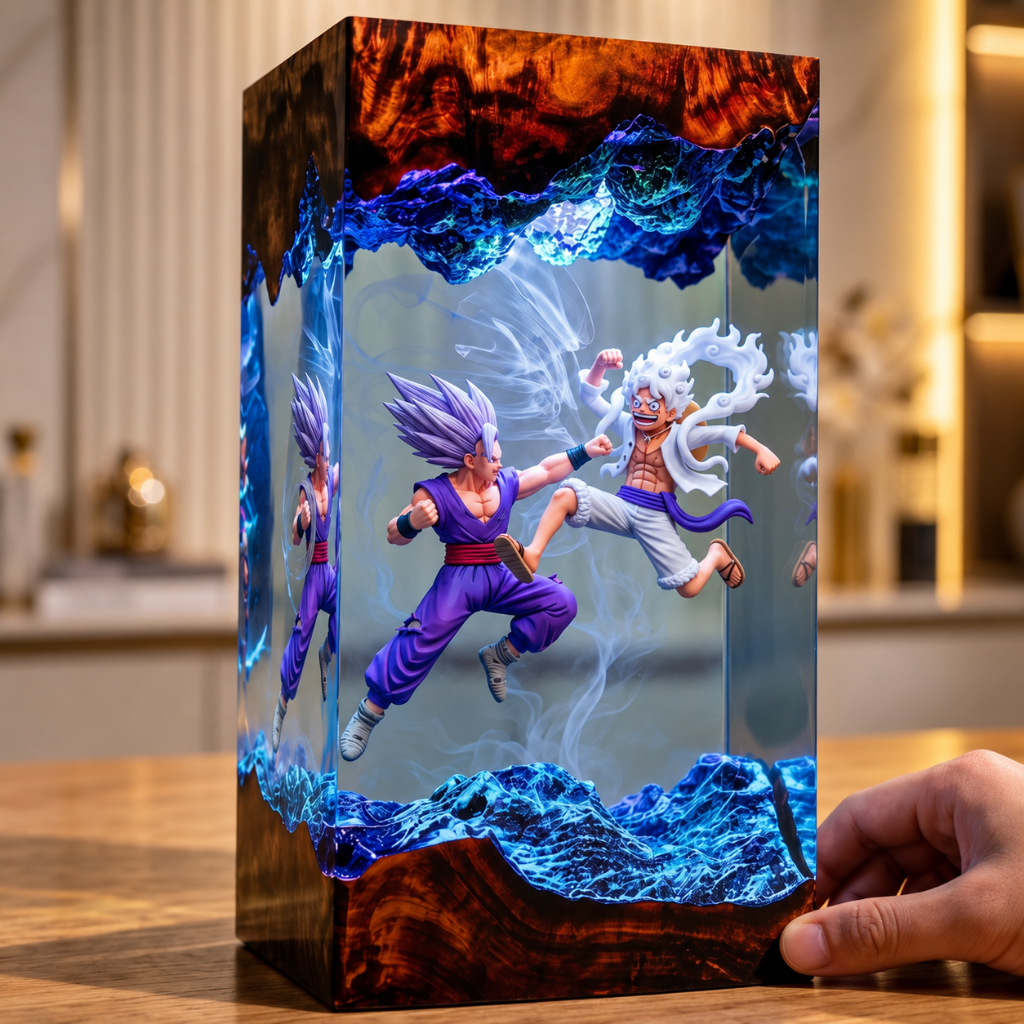 Gohan Beast vs Luffy Gear 5 Resin Lamp – Handmade Wood & Epoxy Decor