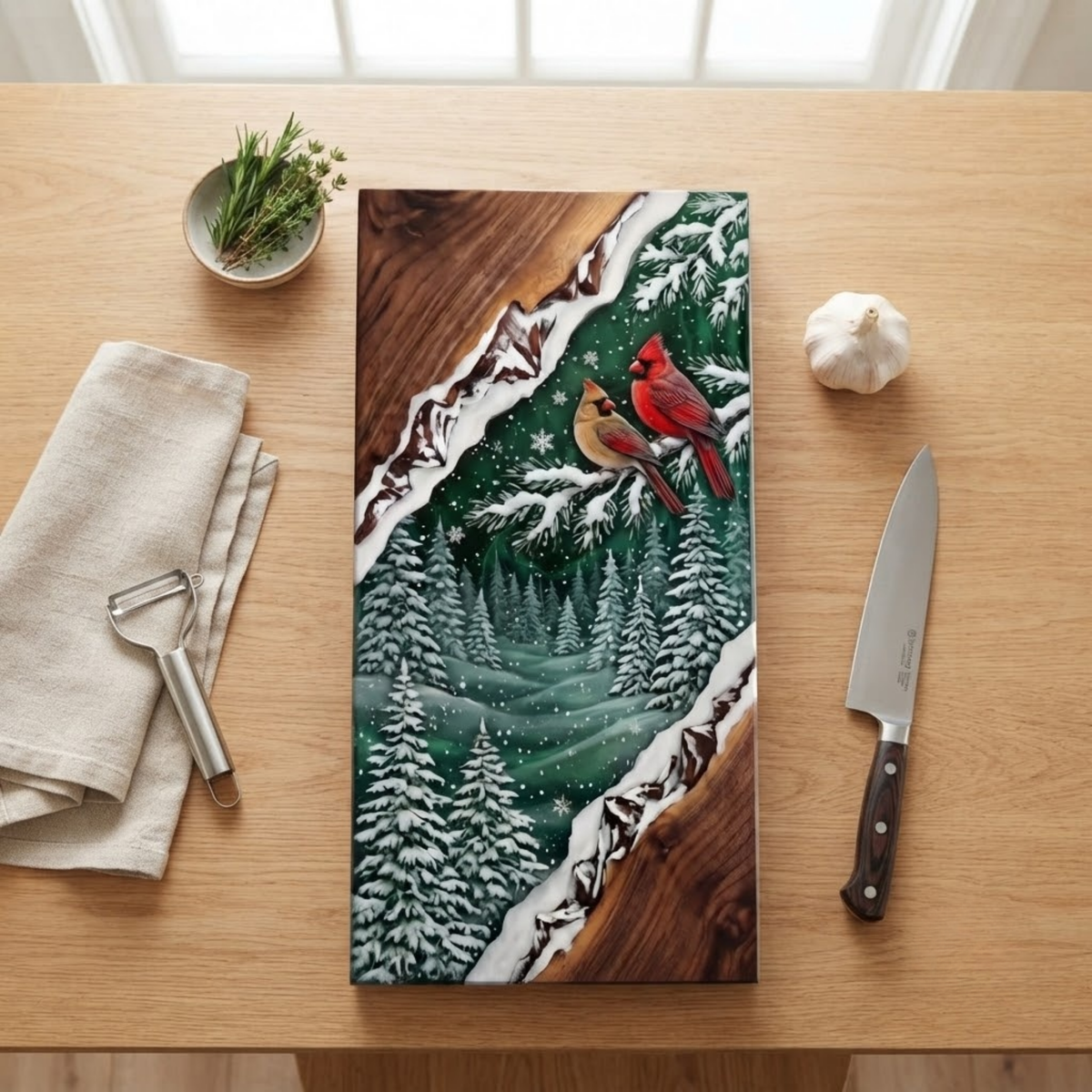 Northern Cardinal Winter Forest Resin Charcuterie Board