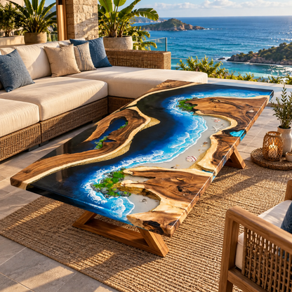 Custom Beach Sand & Ocean Wave Epoxy Resin Dining Table