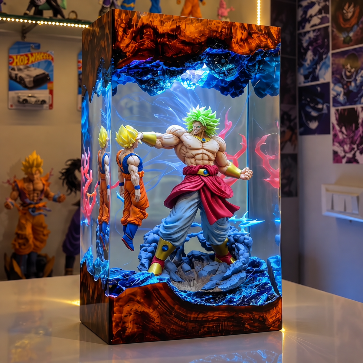 Legendary Green Aura Anime Warrior Resin Lamp - Epic Battle Diorama & LED Night Light